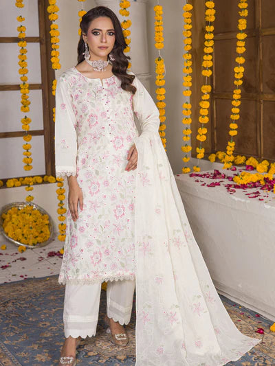 Meeras By MTF Dyed Heavy Embroidered Pima Cotton Lawn - Off White