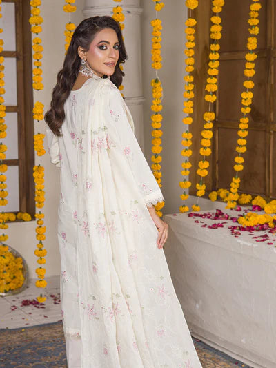 Meeras By MTF Dyed Heavy Embroidered Pima Cotton Lawn - Off White