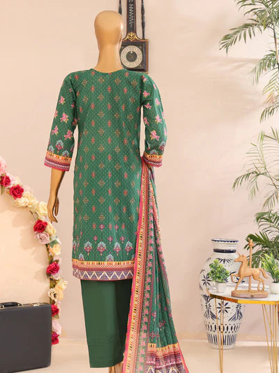 Mtf By Femi 3pc Unstitched Printed Embroidered Lawn - Dark Green