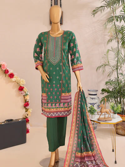 Mtf By Femi 3pc Unstitched Printed Embroidered Lawn - Dark Green