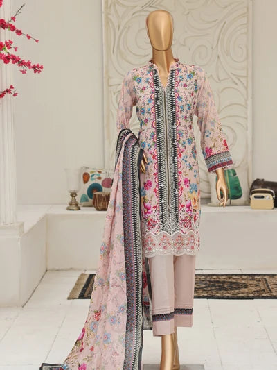 Full front view of the Nora By MTF Laserkari Blush Pink suit showcasing the digital print and laserkari embroidery.