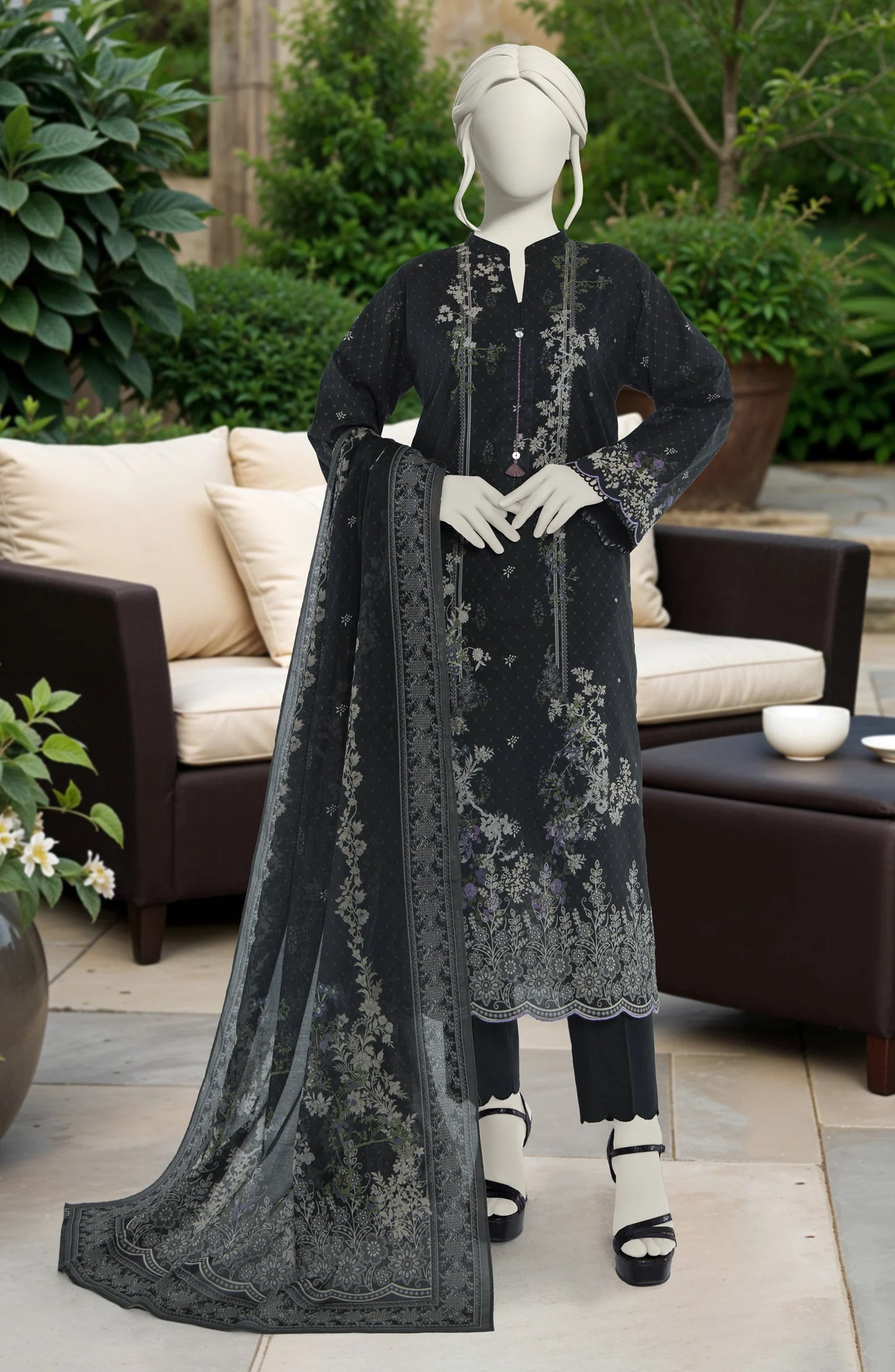 Mtj 3 PIECE PRINTED LAWN SUIT- Black (UNSTITCHED)