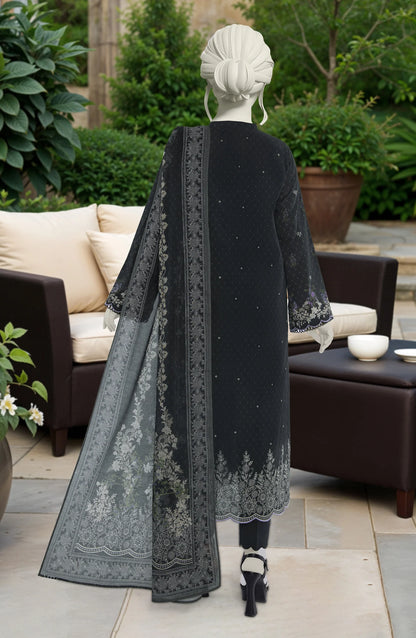 Mtj 3 PIECE PRINTED LAWN SUIT- Black (UNSTITCHED)