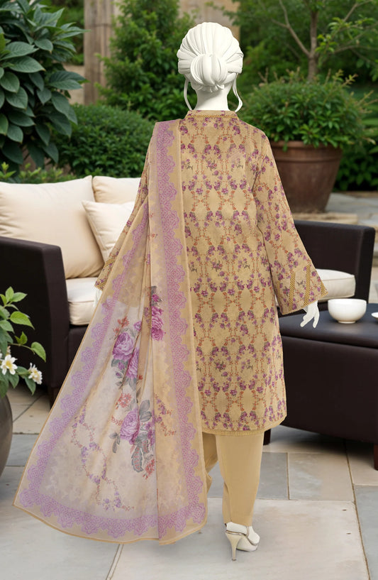Mtj 3 PIECE PRINTED LAWN SUIT- Dark-Beige (UNSTITCHED)