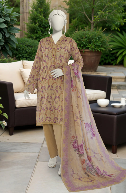 Mtj 3 PIECE PRINTED LAWN SUIT- Dark-Beige (UNSTITCHED)