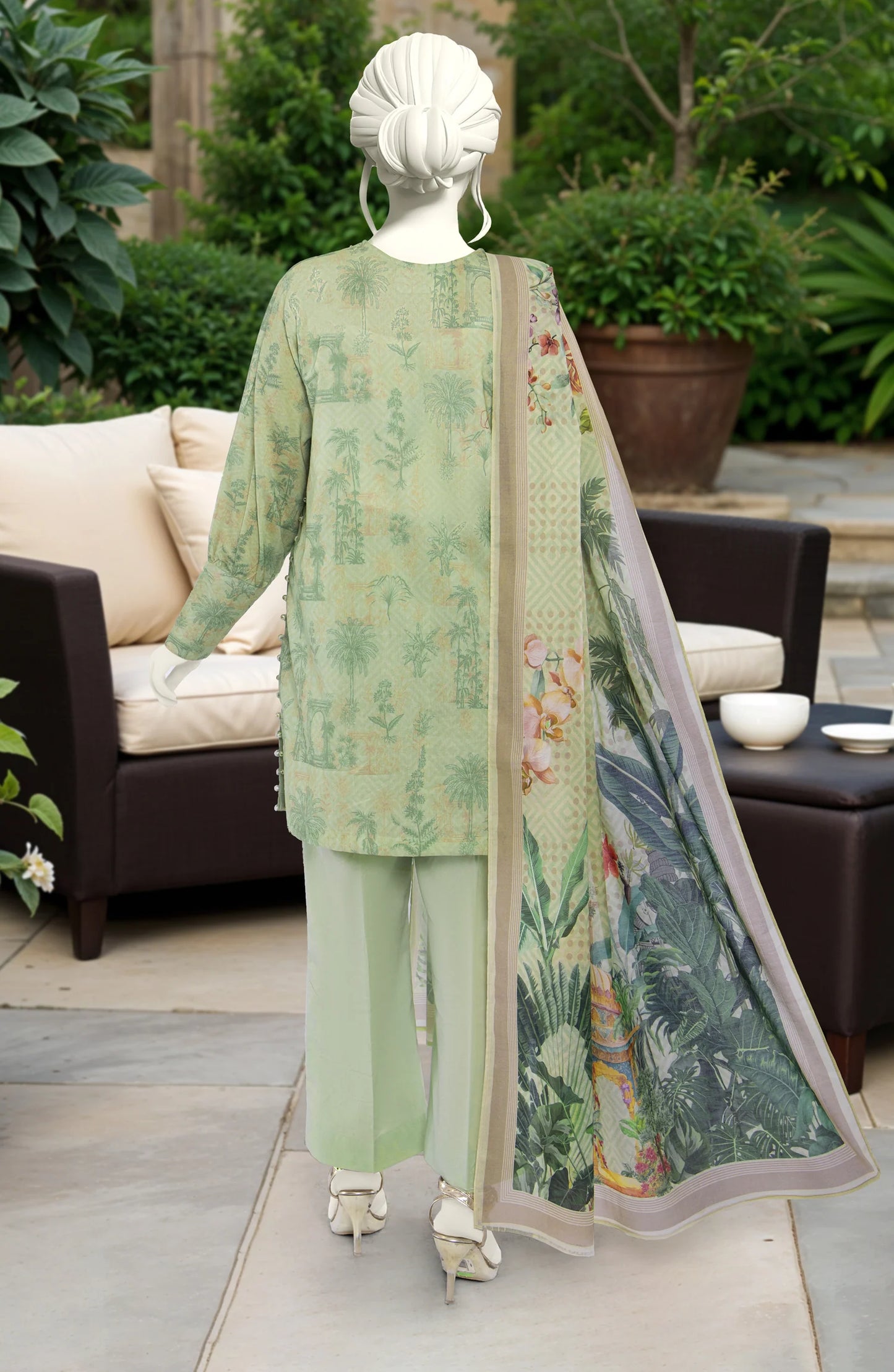 Mtj 3 PIECE PRINTED LAWN SUIT- Light-Green (UNSTITCHED)