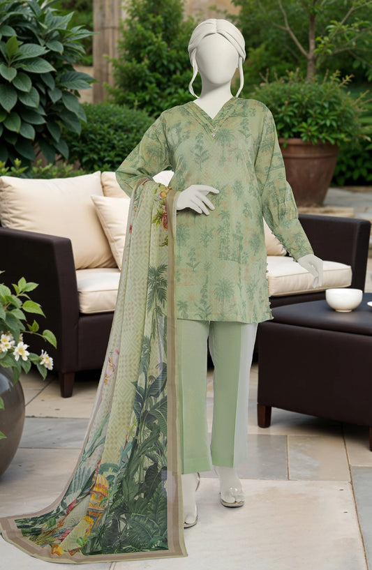 Mtj 3 PIECE PRINTED LAWN SUIT- Light-Green (UNSTITCHED)