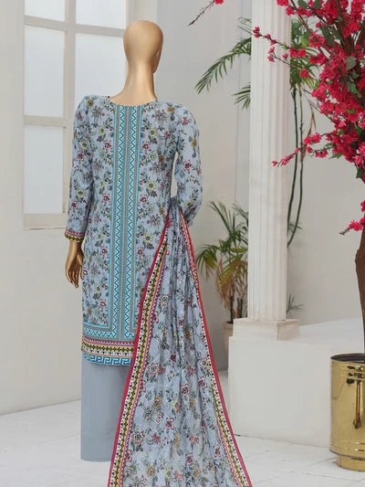 Full front view of the Nora By MTF Laserkari Dusty Blue suit showcasing the digital print and laserkari embroidery.