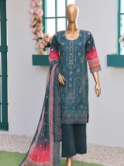 She Style By MTF Digital Printed Embroidered Pima Cotton - Peacock Green