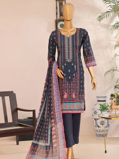 Mtf By Femi 3pc Unstitched Printed Embroidered Lawn - Black Grey