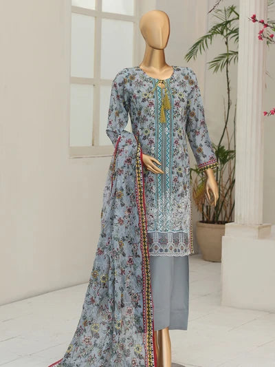 Full front view of the Nora By MTF Laserkari Dusty Blue suit showcasing the digital print and laserkari embroidery.