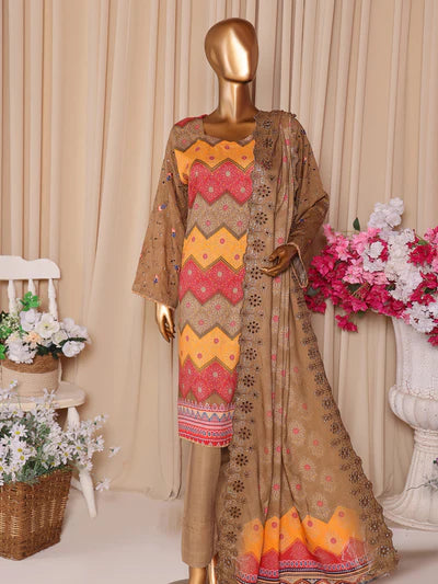 Mtf By Aashi 3pc Unstitched Linen Embroidered - Bronze