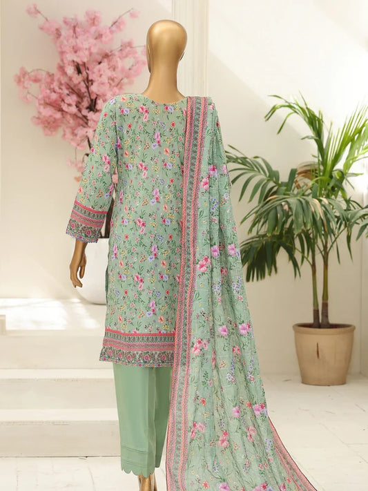 Full front view of the Nora By MTF Laserkari Light Green suit showcasing the digital print and laserkari embroidery.