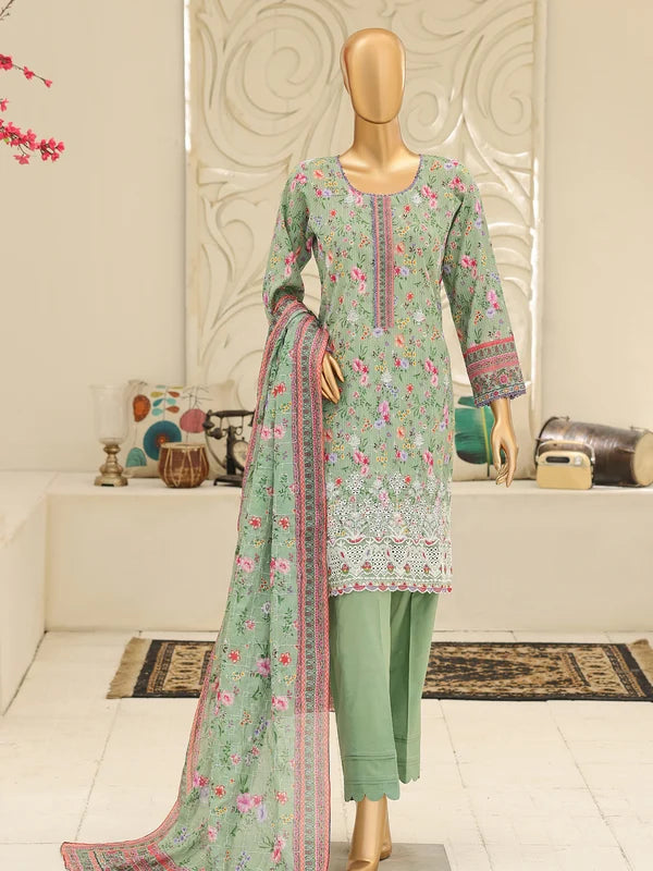 Full front view of the Nora By MTF Laserkari Light Green suit showcasing the digital print and laserkari embroidery.