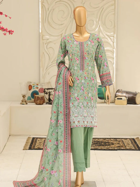 Full front view of the Nora By MTF Laserkari Light Green suit showcasing the digital print and laserkari embroidery.