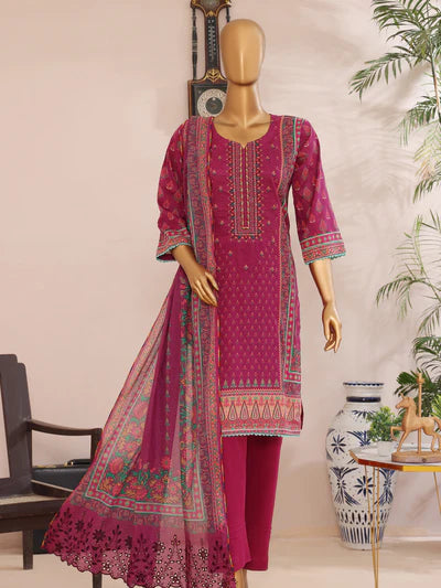 Mtf By Femi 3pc Unstitched Printed Embroidered Lawn - Deep Magenta
