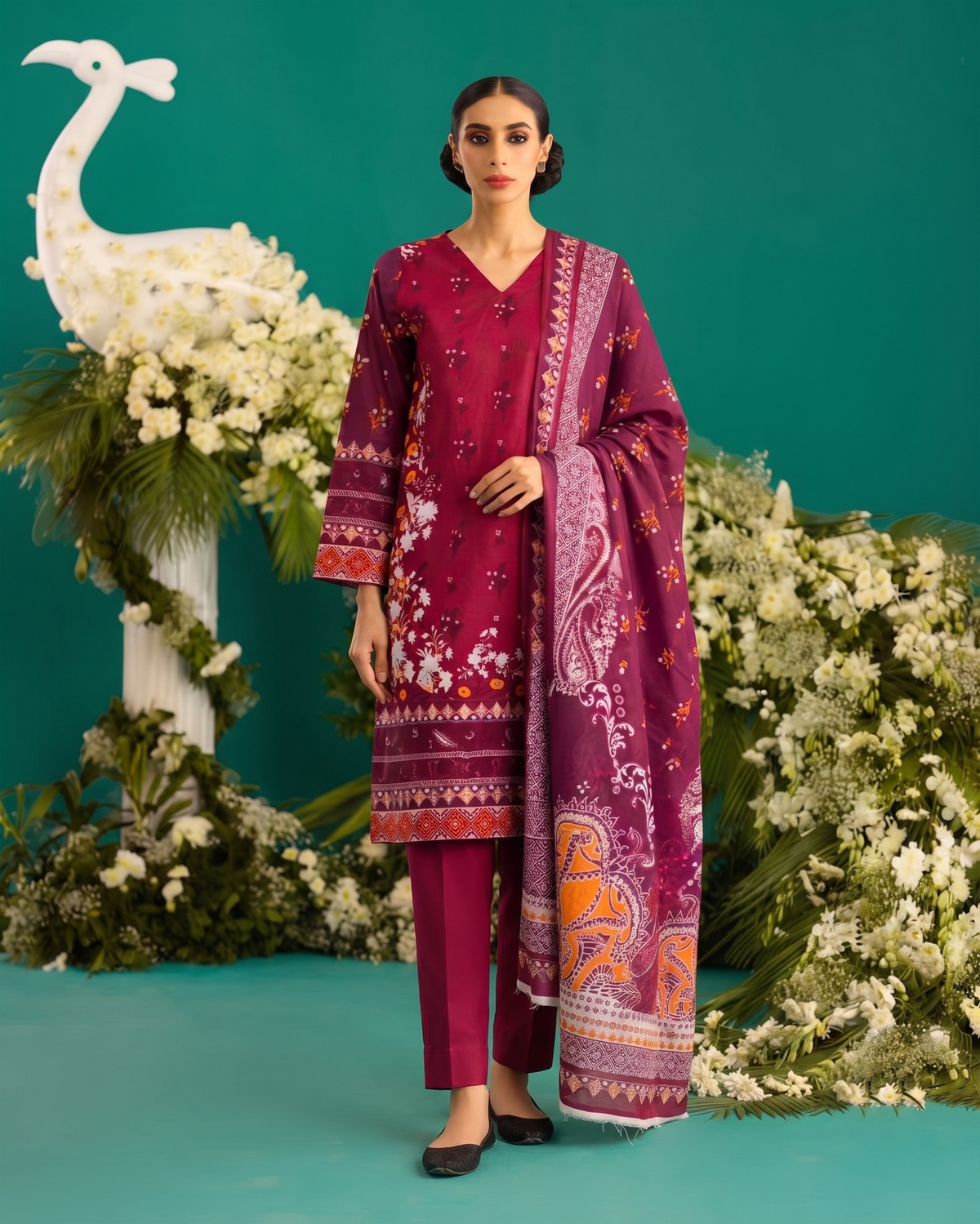 ETHNC Lawn 3pc Unstitched – Deep Berry worn by a model, featuring a vibrant digital print and elegant dupatta.