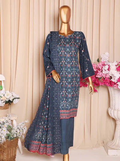 Mtf By Aashi 3pc Unstitched Linen Embroidered - Dusty Blue
