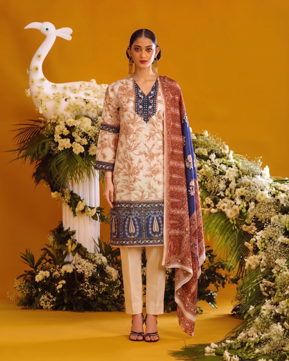 ETHNC Lawn 3pc Unstitched – Ivory Caramel