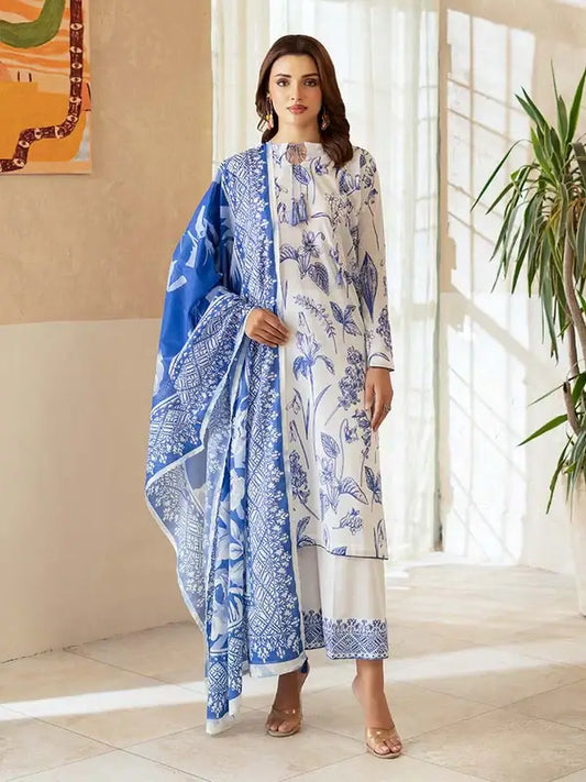 Pearl And Petals by Binaas 3pc Unstitched Bana Dora Lawn Collection – Blue/White