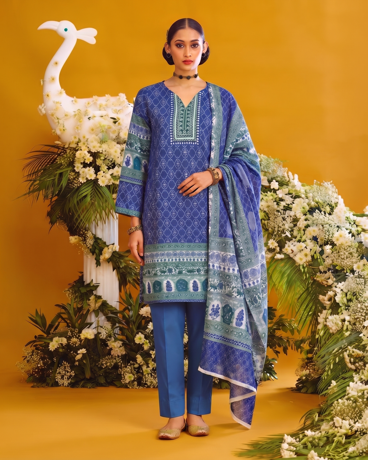 Model wearing ETHNC Lawn 3pc Unstitched, featuring digital printed shirt and dupatta with cambric trouser.