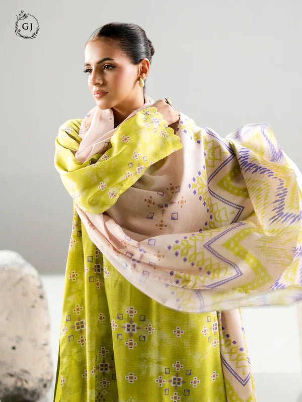 Lime Green | Chunri by GJ 3pc Unstitched Linen Bana Dora Collection