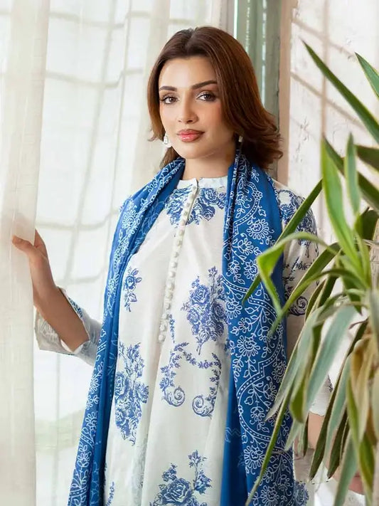 Pearl And Petals by Binaas 3pc Unstitched Bana Dora Lawn Collection – Ash White/Blue