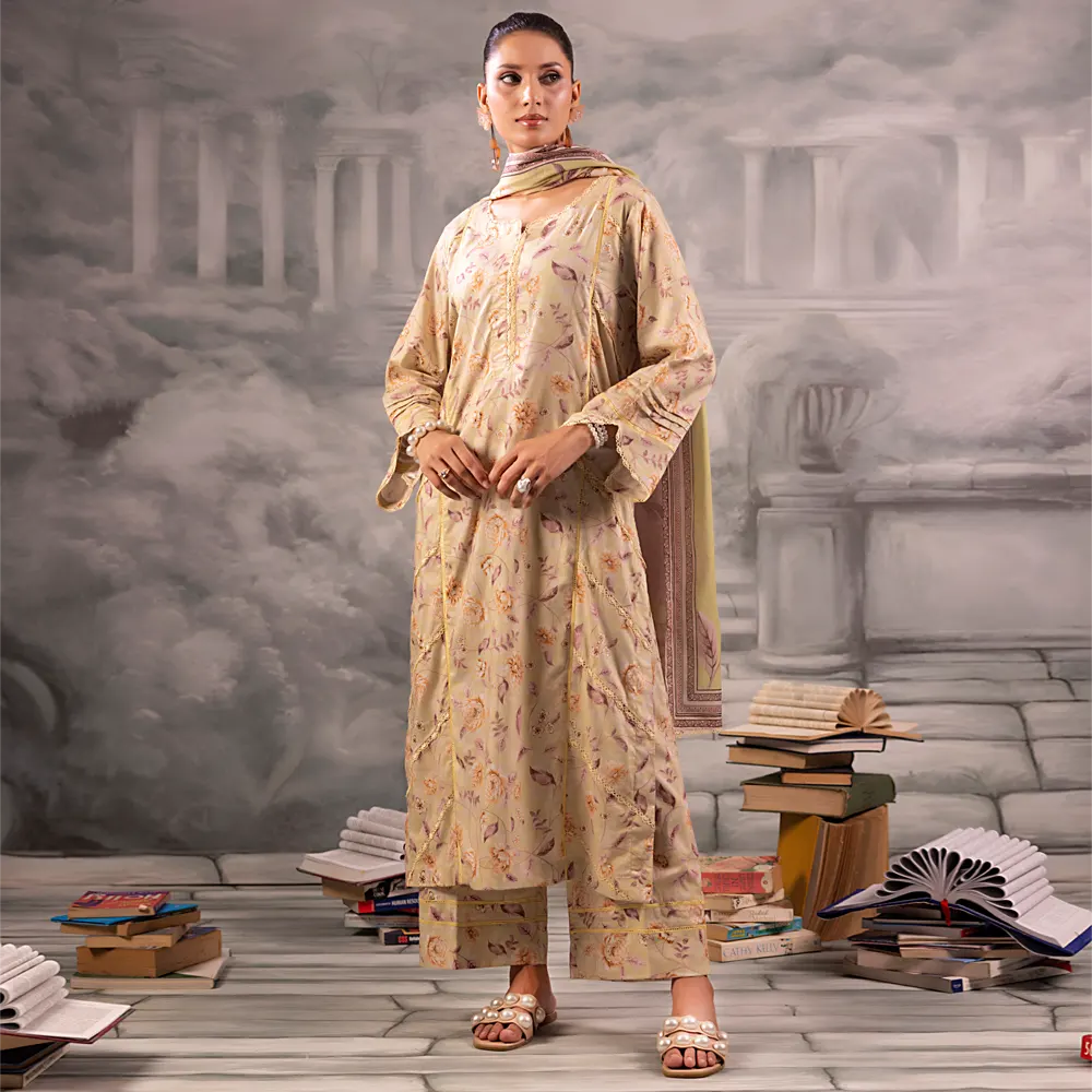 Beige Salina Separates Lawn Collection styled by model for a timeless and neutral daily look.