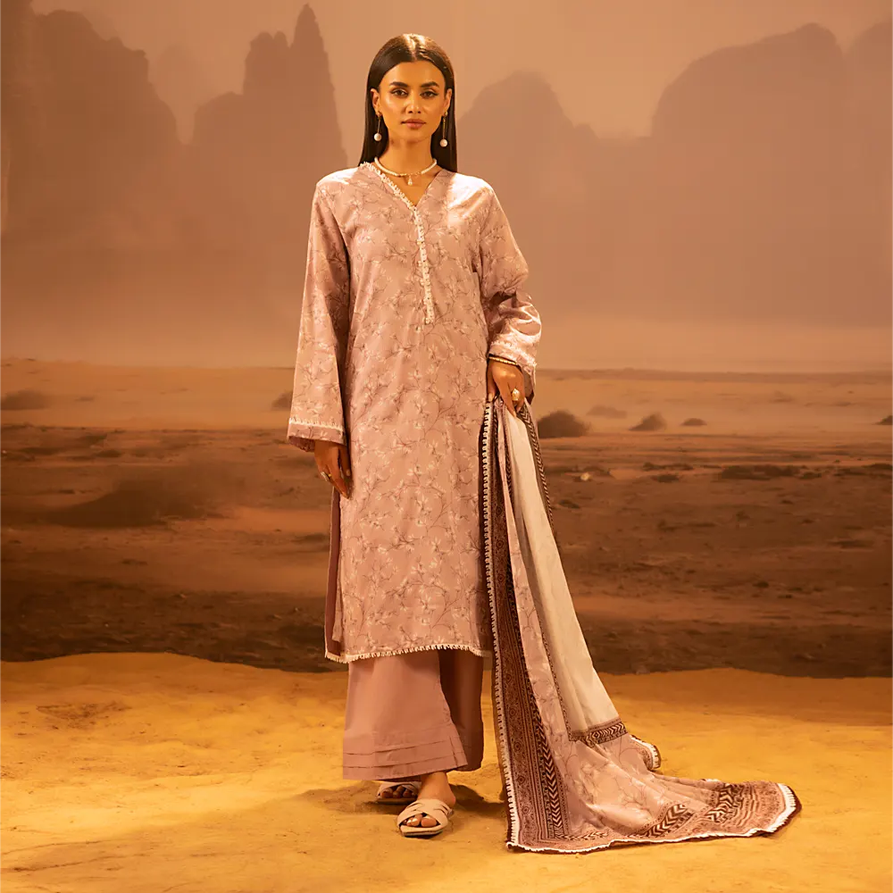 A model wearing the Salina 3pc Unstitched Mid Summer Cotton Dusty Pink suit