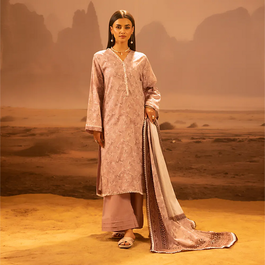 A model wearing the Salina 3pc Unstitched Mid Summer Cotton Dusty Pink suit