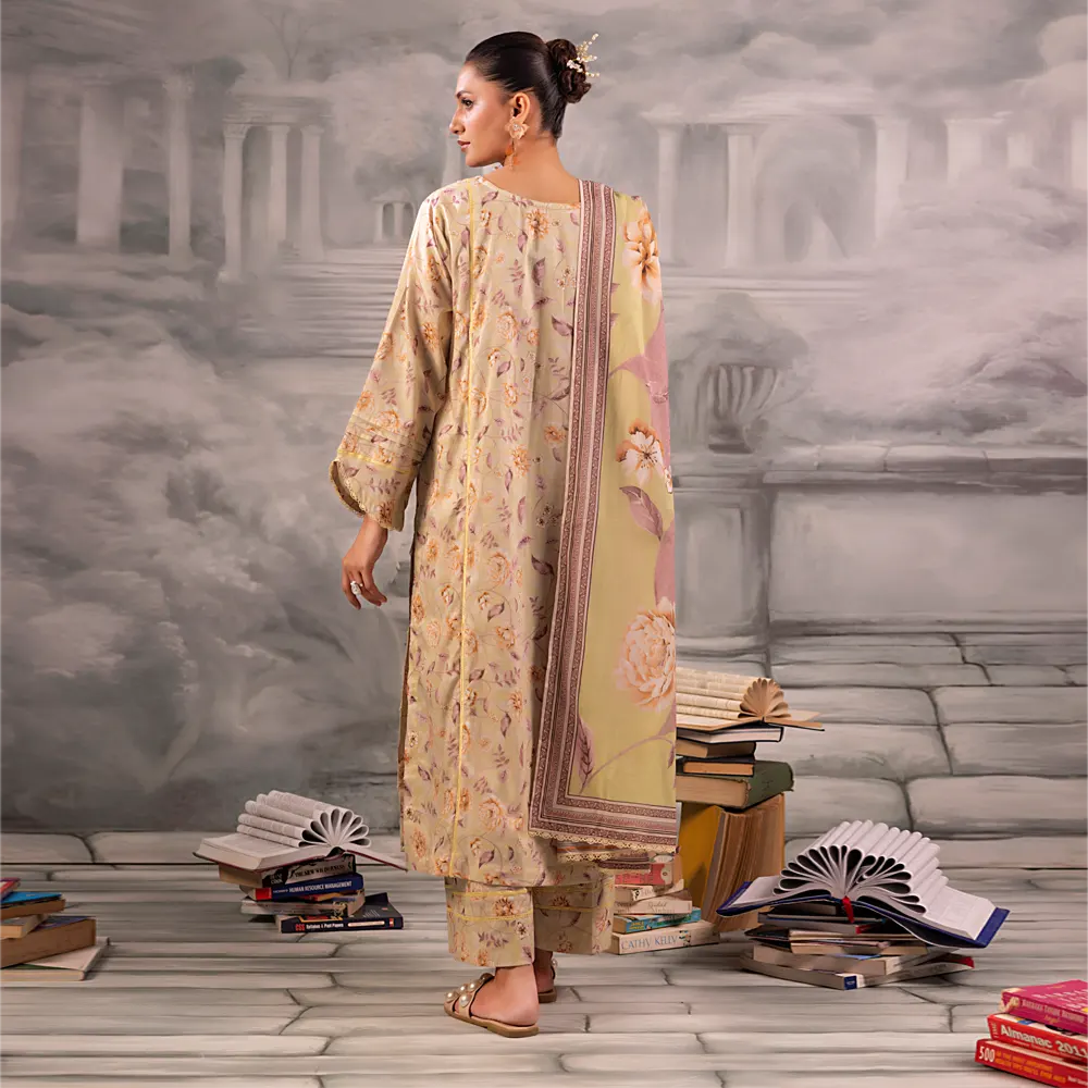 Beige Salina Separates Lawn Collection styled by model for a timeless and neutral daily look.