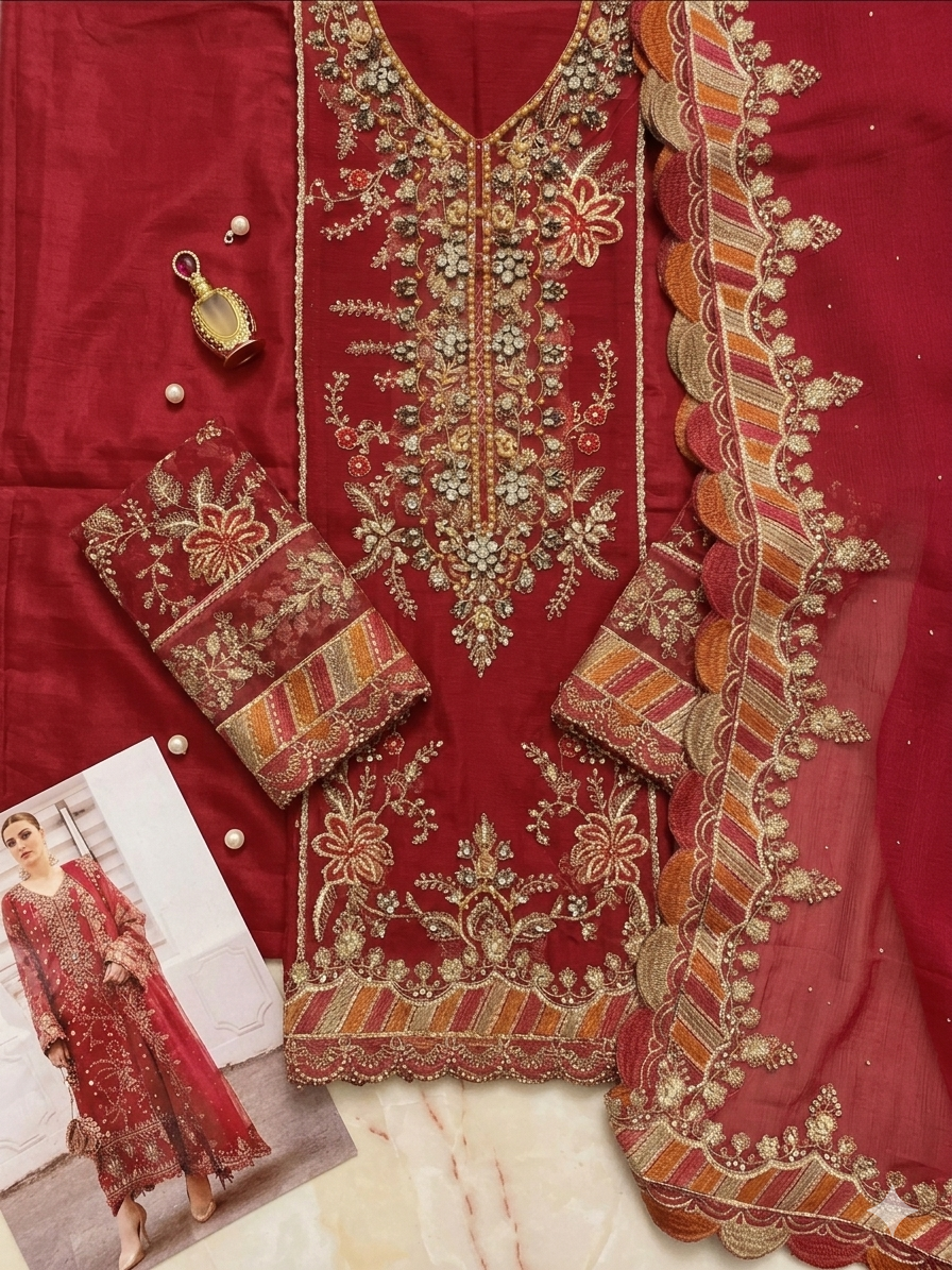 Maria B Chiffon Embroidered - Red 3-Pc | Replica