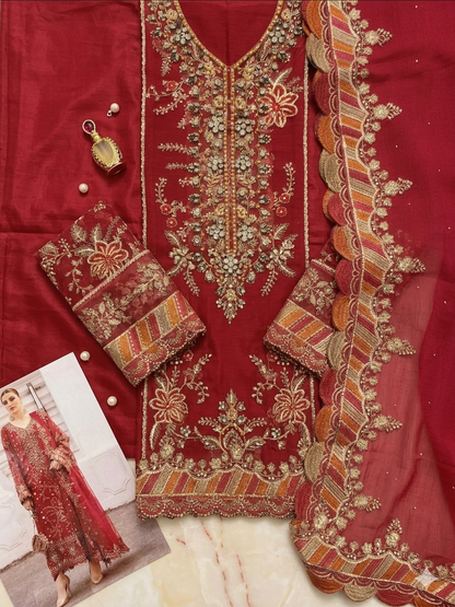 Maria B Chiffon Embroidered - Red 3-Pc | Replica