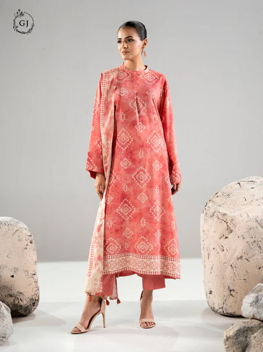 Peachish Coral | Chunri by GJ 3pc Unstitched Linen Bana Dora Collection