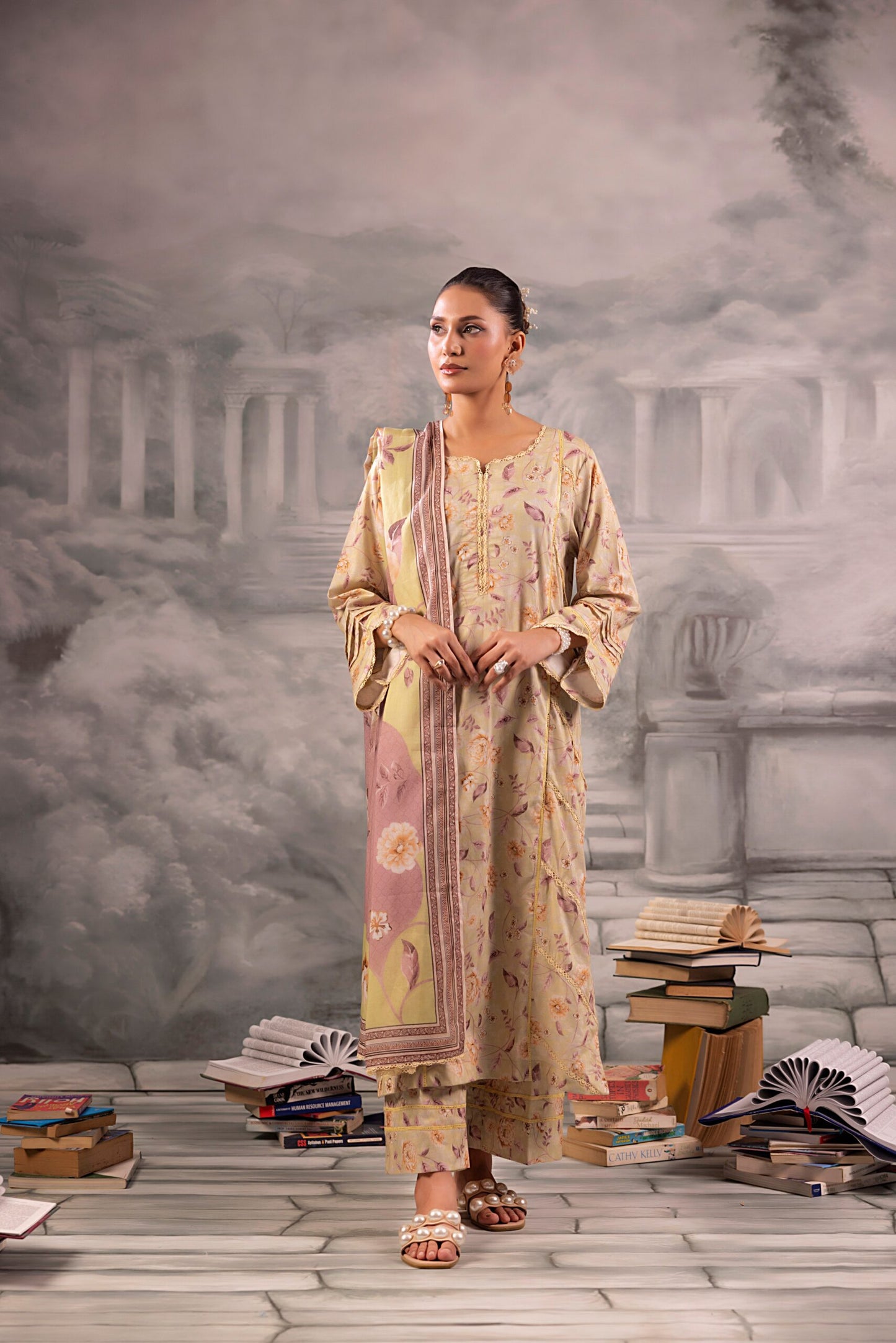 Beige Salina Separates Lawn Collection styled by model for a timeless and neutral daily look.