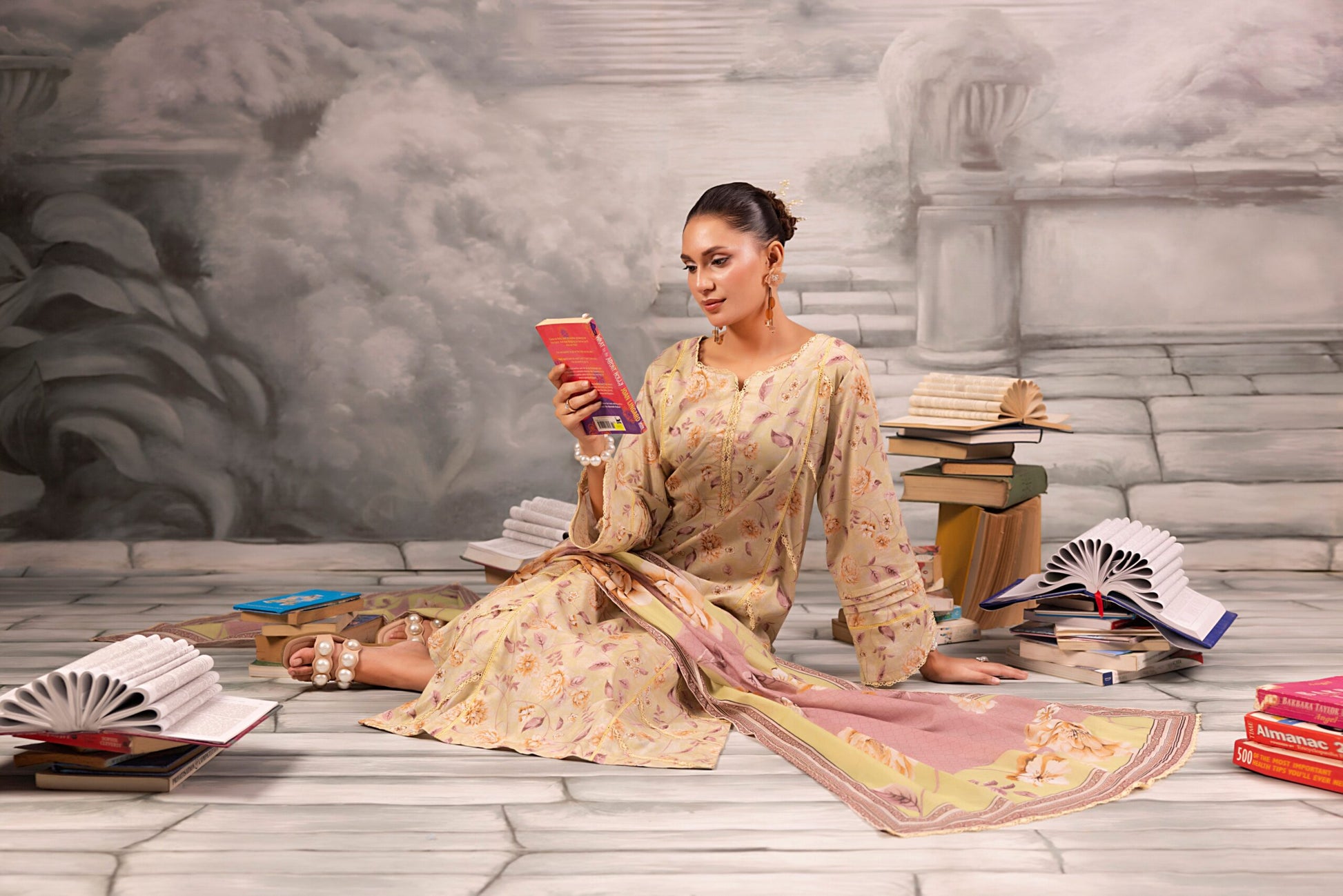 Beige Salina Separates Lawn Collection styled by model for a timeless and neutral daily look.