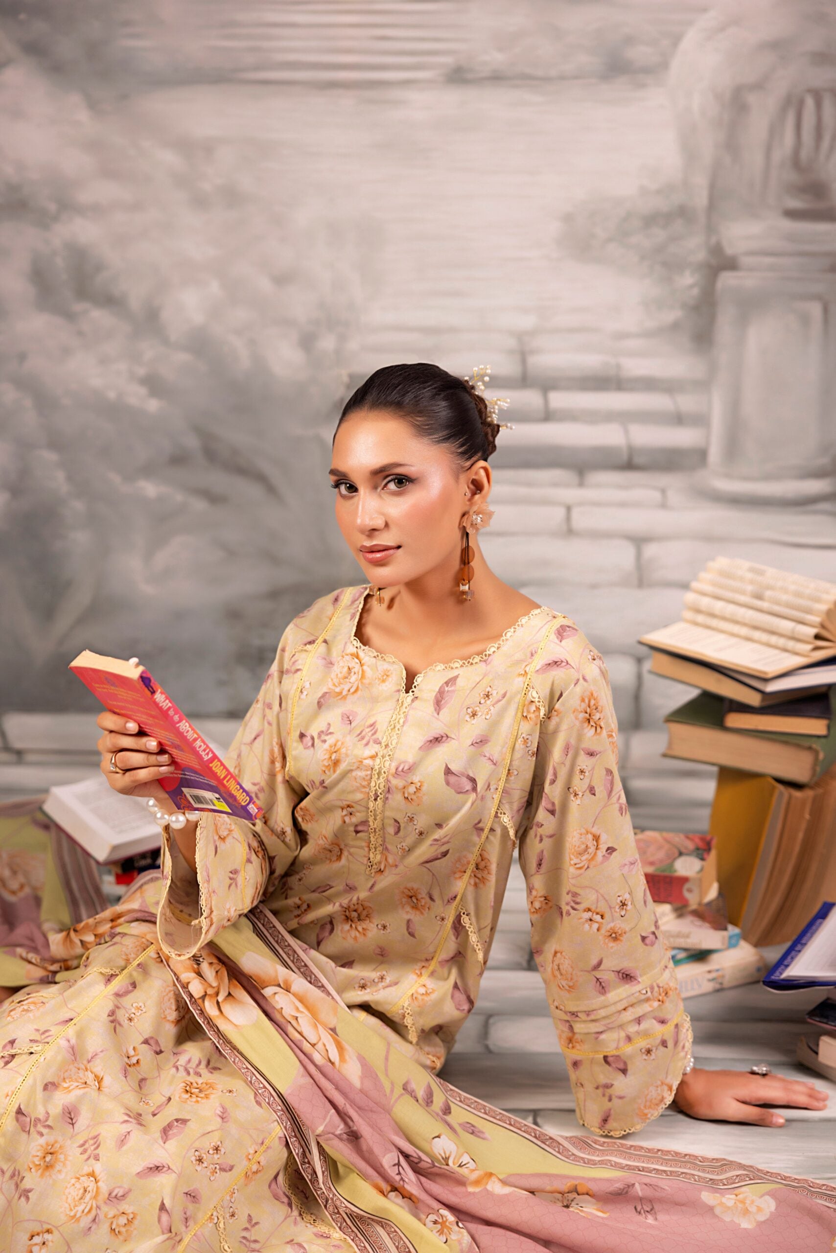 Beige Salina Separates Lawn Collection styled by model for a timeless and neutral daily look.