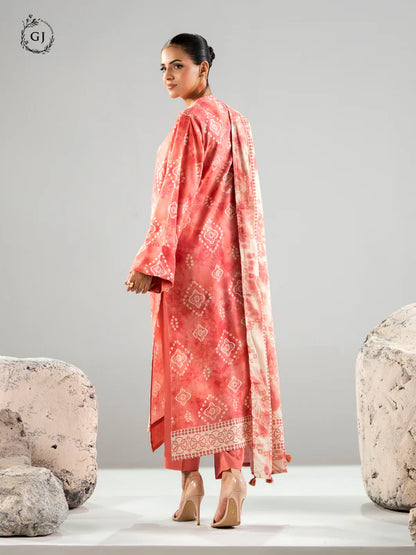Peachish Coral | Chunri by GJ 3pc Unstitched Linen Bana Dora Collection