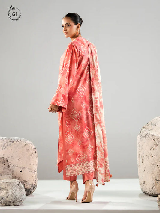 Peachish Coral | Chunri by GJ 3pc Unstitched Linen Bana Dora Collection