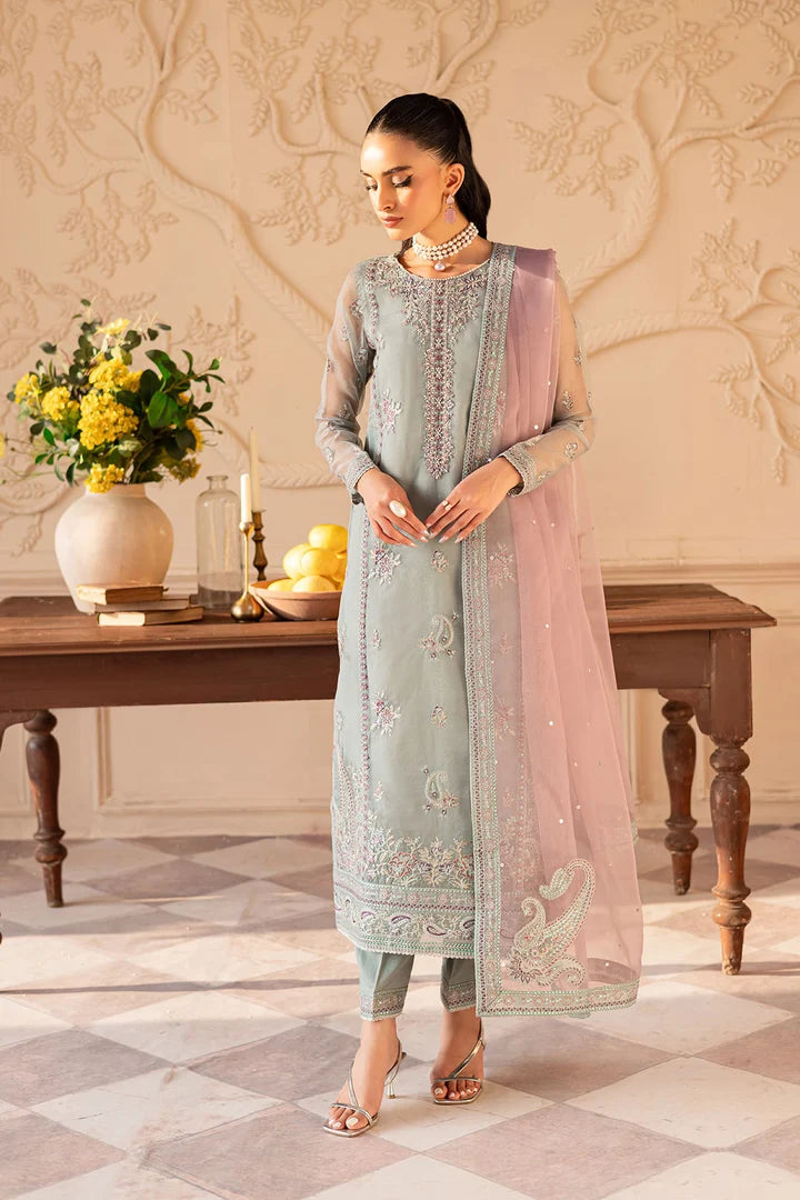 Batik Organza Embroidered  - Light Jade 3- Pc | Replica