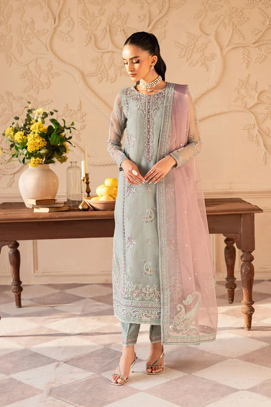 Batik Organza Embroidered  - Light Jade 3- Pc | Replica