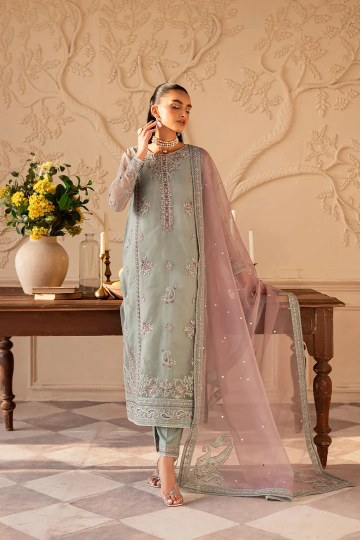 Batik Organza Embroidered  - Light Jade 3- Pc | Replica