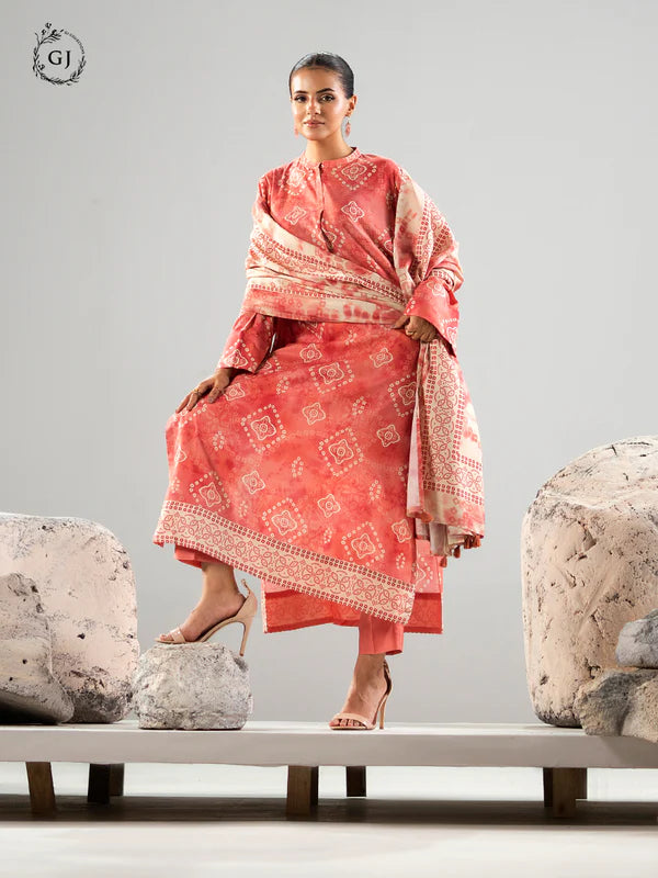 Peachish Coral | Chunri by GJ 3pc Unstitched Linen Bana Dora Collection