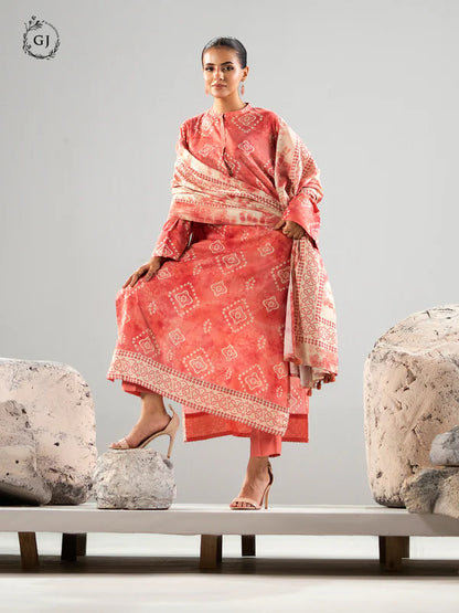 Peachish Coral | Chunri by GJ 3pc Unstitched Linen Bana Dora Collection