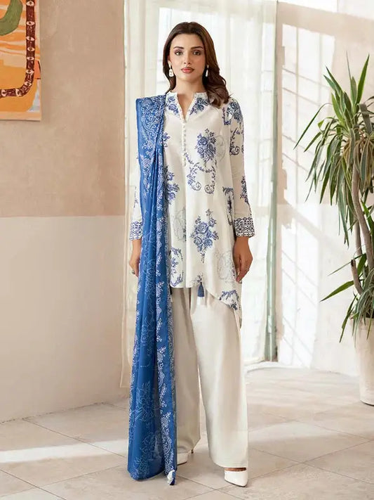 Pearl And Petals by Binaas 3pc Unstitched Bana Dora Lawn Collection – Ash White/Blue