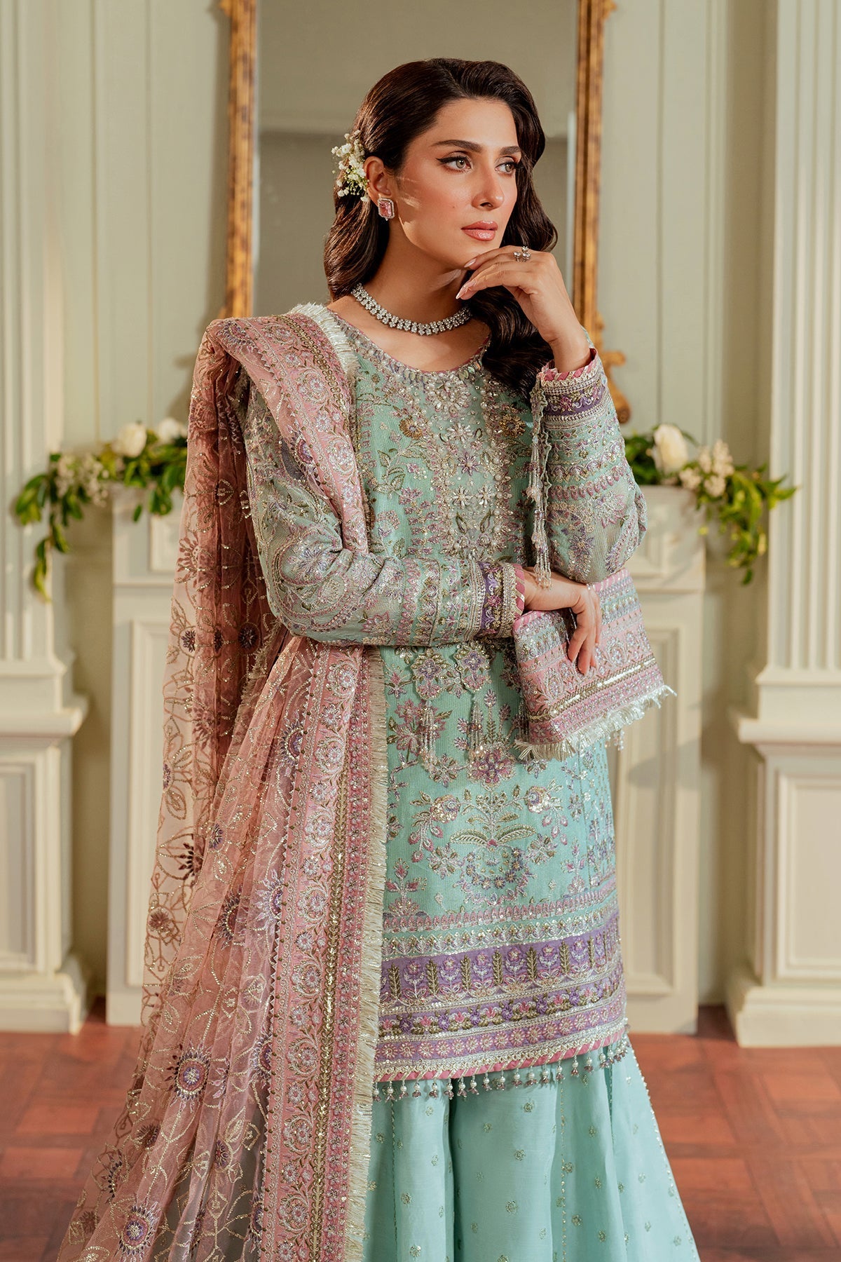 Baroque Khaddi Net Luxury Embroidered - Ice Blue 3-Pc | Replica