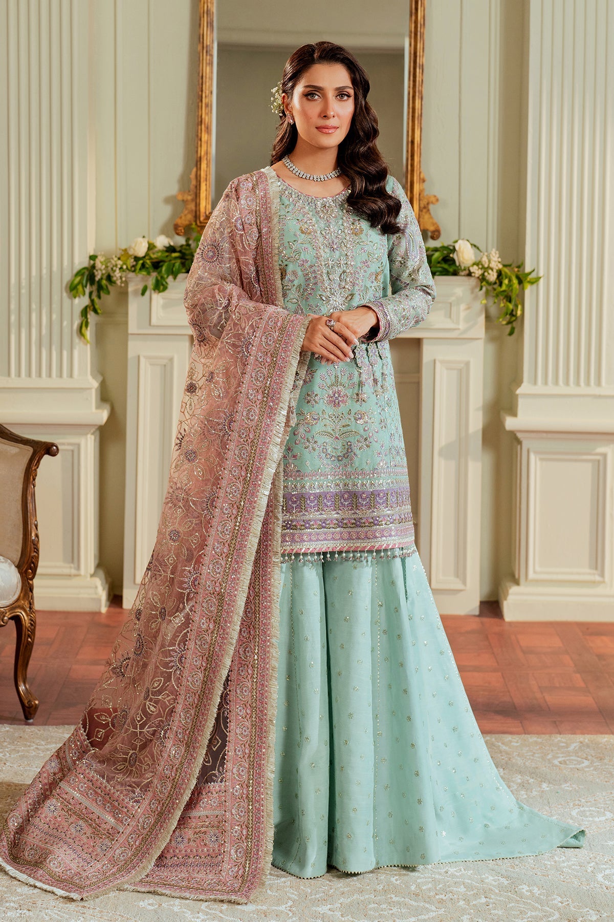 Baroque Khaddi Net Luxury Embroidered - Ice Blue 3-Pc | Replica