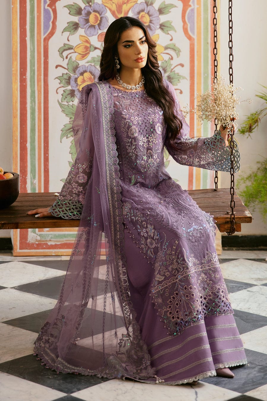 Ramsha Embroidered Chiffon - Lilac 3-Pc | Replica