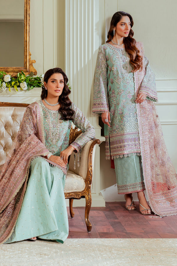 Baroque Khaddi Net Luxury Embroidered - Ice Blue 3-Pc | Replica