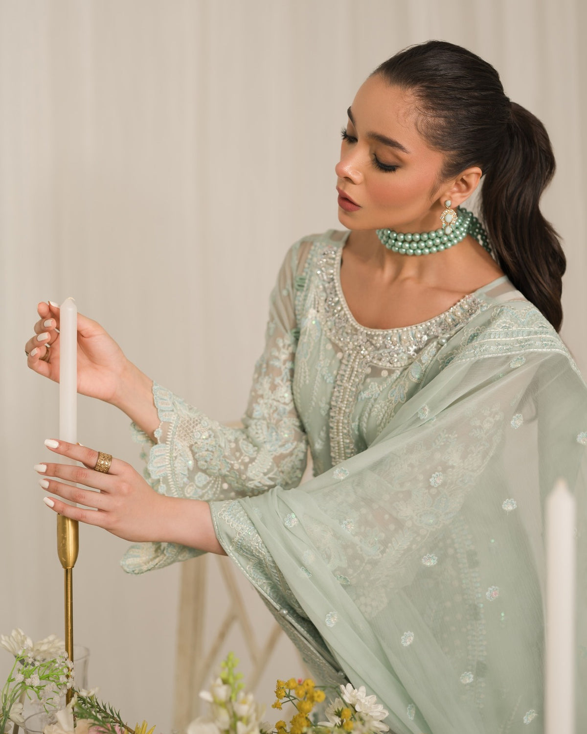 Full front shot of the Gulal Luxury Chiffon Embroidered Pistachio replica showcasing the heavy adda work neckline and sequin embroidery.